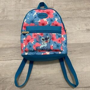 Disney + Bioworld + Stitch Mini Backpack - Blue and Pink hibiscus print